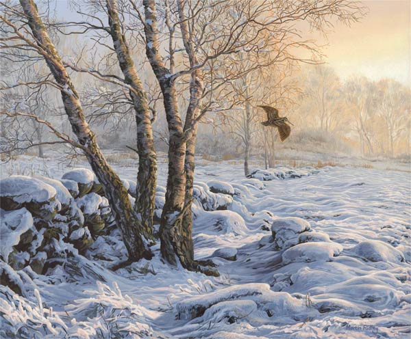 Original oil painting woodcock in flight over snow.